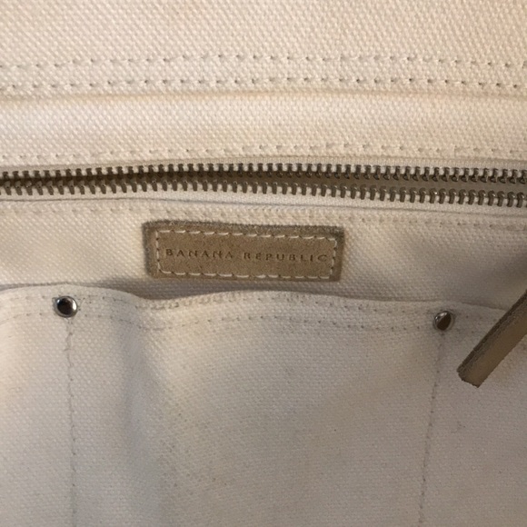Banana Republic tote Coastal Grandma white canvas tan suede top handle beach bag - Picture 4 of 11